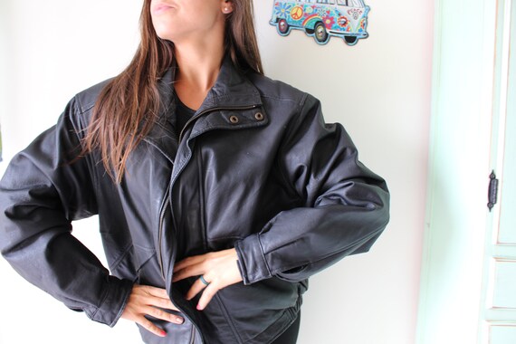 1980s BLACK LEATHER Jacket...size medium. retro. … - image 4