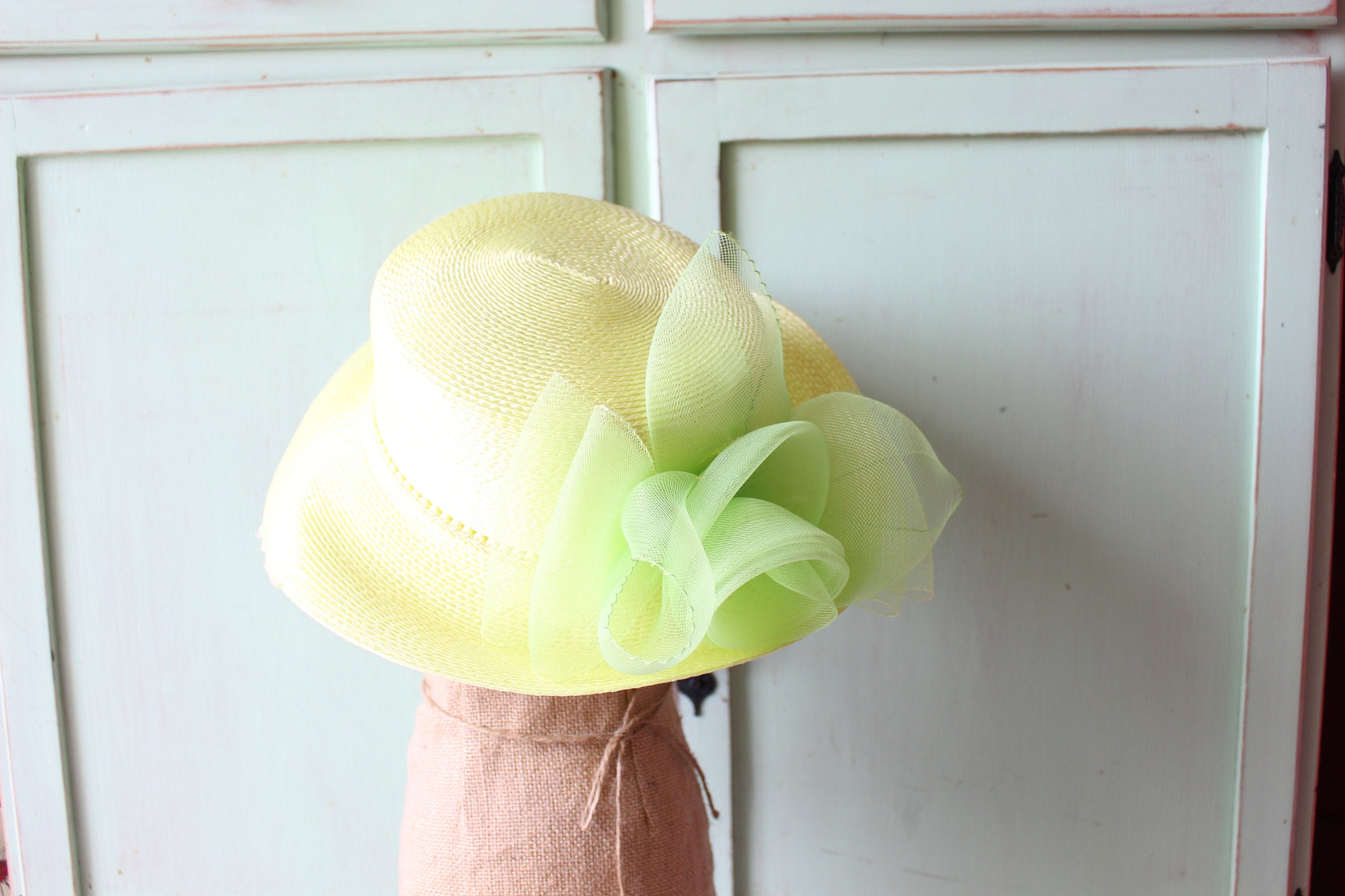 Vintage 80s Lime Green Straw Hat: Fancy Derby Costume - Etsy display picture 2