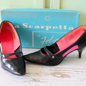1960s Black Leather Heels - Size 6 Vintage Party Pumps
