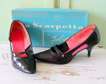 1960s Black Leather Heels - Size 6  Party Pumps