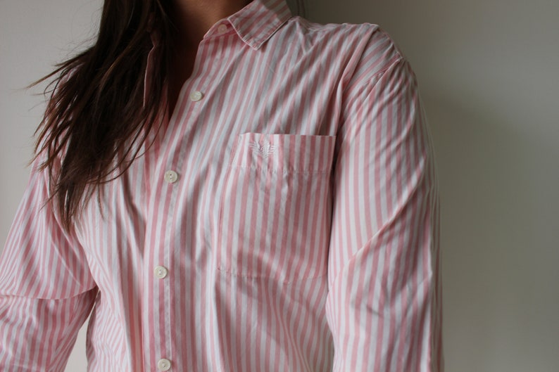 sporty pink 1980s Vintage BUTTON DOWN SHIRT...size medium...retro unisex classic preppy kitsch white nautical holiday fun striped