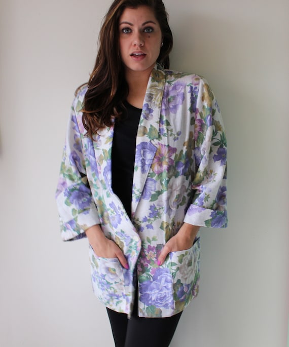 1980s Floral Blazer Jacket...size large. blue. co… - image 1