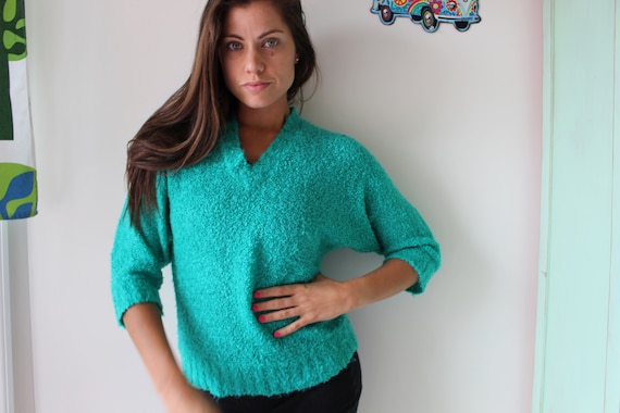 1980s Teal Green Acrylic Sweater, Fritz Brand (Si… - image 3