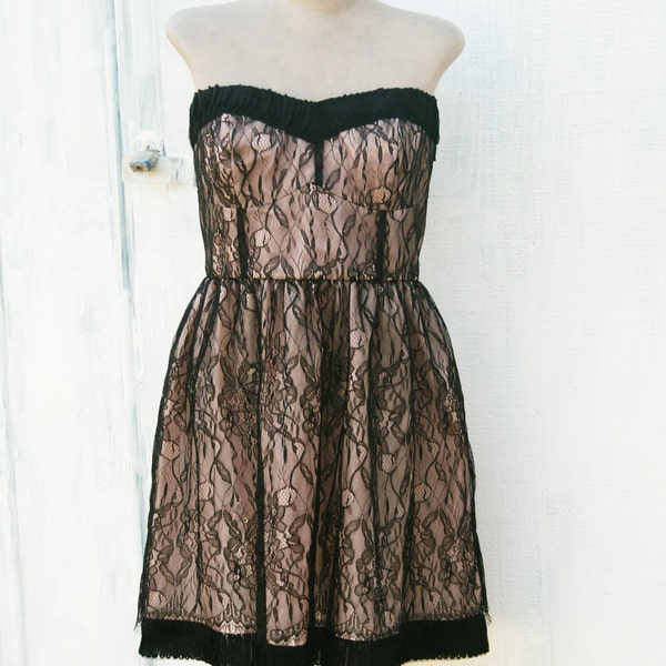 FANCY BLACK and Pink LACE Strapless Mini Bombshell Dress.....large.....black lace. cocktail party. pink. elegant. party dress.