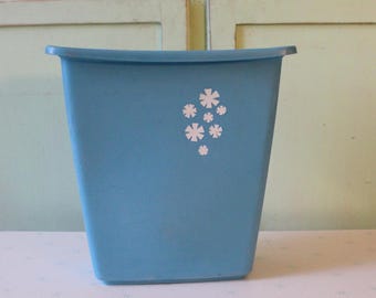 Vintage 1960s Blue Atomic Trash Can: Mid-Century Modern Kitchen Decor