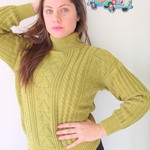 Vintage Olive Green Knit Turtleneck Sweater - 1980s Ramie Cotton