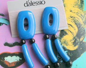 1980s BLUE Dangly Earrings...retro accessories.  pierced. dainty. mod. classic. 80s earrings. mod. twiggy. big earrings. wedding