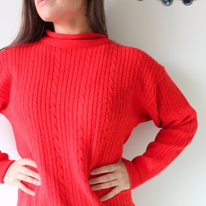 Vintage 90s Red Cable Knit Turtleneck Sweater - Size Medium