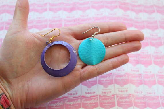 1980s Vintage Mismatched Fun Set of Earrings1980s glam. 80s costume. rad. rocker. glam. party. blue. purple. hoops. colorful. dangly
