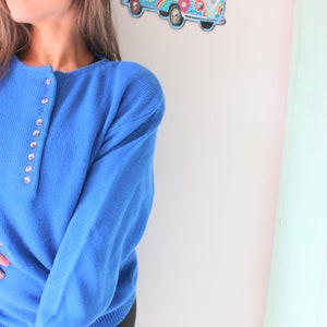 1980s ROYAL BLUE Sweater...unicorn. colorful. bright. retro. sapphire. azure. 1980s sweater. rad. fun. festive. holiday. bright. cardigan. image 1