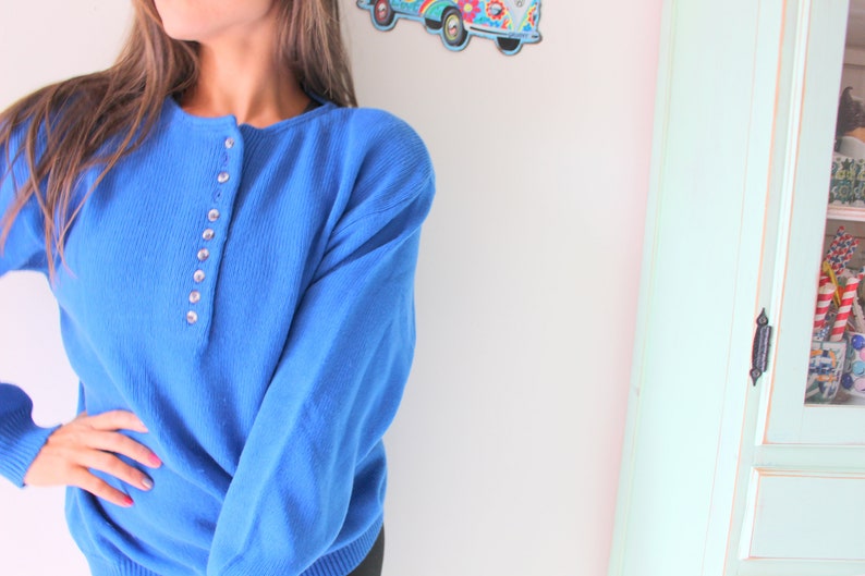 1980s ROYAL BLUE Sweater...unicorn. colorful. bright. retro. sapphire. azure. 1980s sweater. rad. fun. festive. holiday. bright. cardigan. image 1