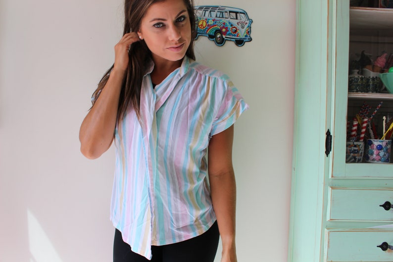 bright rad striped urban crop top medium fun 1980s RAINBOW Pastel Hipster Button Down....pink large colorful unisex retro 1980s