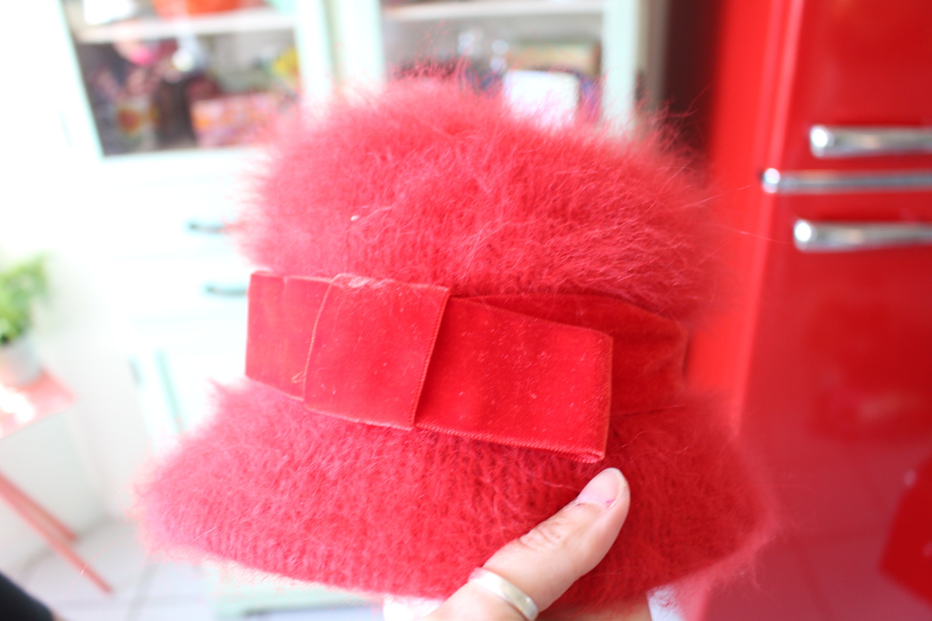 Sale--1960s Red Furry Hat: Vintage Mid Century Church 