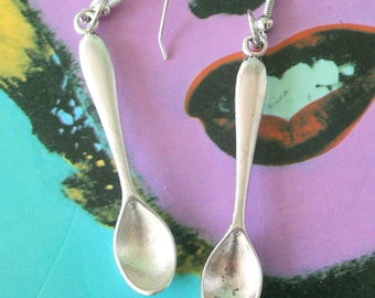 The SPOON Earrings...tibetan silver. antique silver charm. coffee. cream. spoon. fork. retro. kitsch. boho. metal. . hipster. hippie.