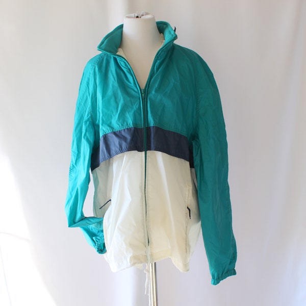 1980s TEAL BLUE MESH Jacket...size large...colorful. bright. retro. navy. 1980s. 1990s. rad. fun. hipster. womens. mens. swishy. windbreaker