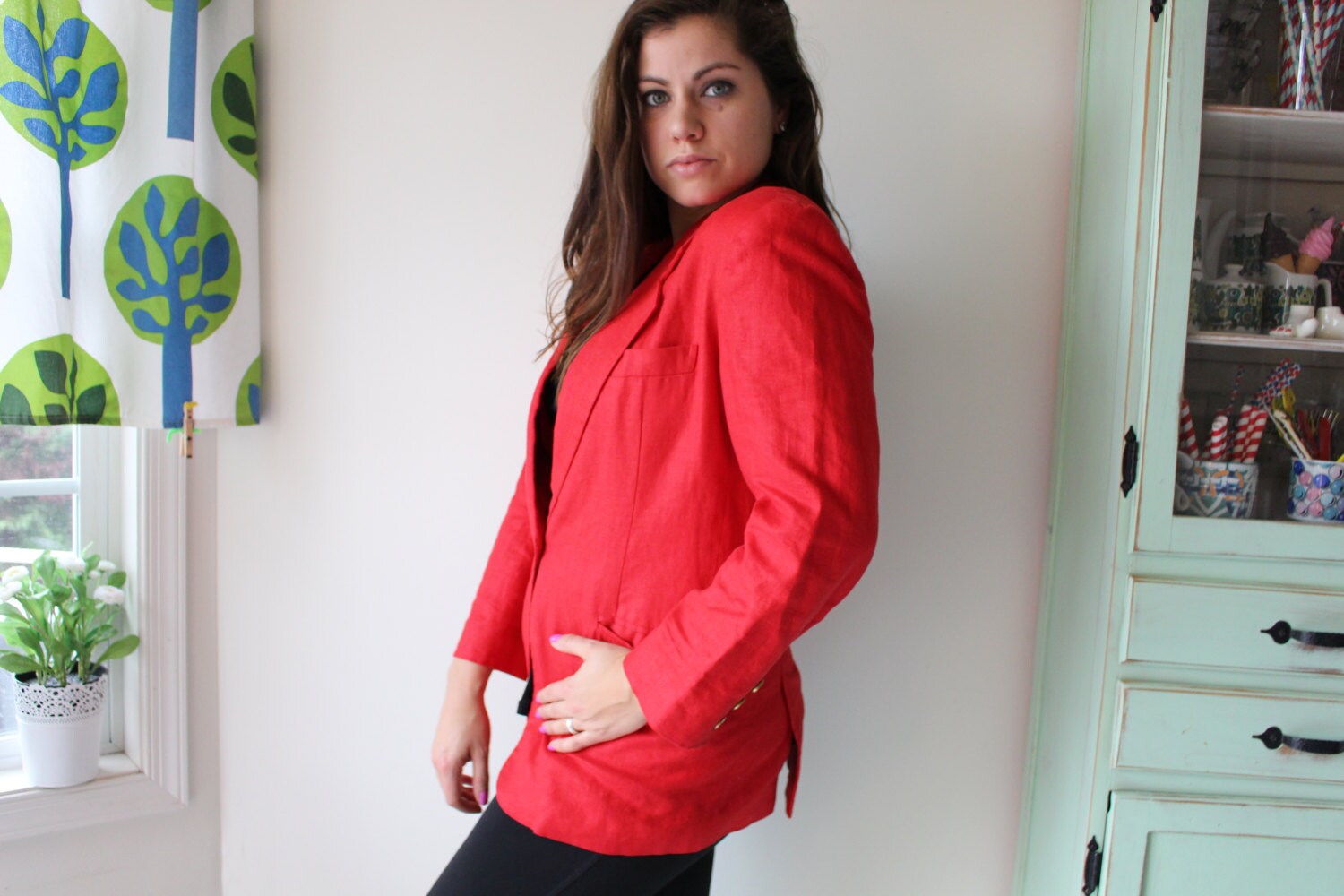 Blazer / Manteau Femme En Cuir Véritable Rouge - Marque Liz Claiborne Vintage - Taille M