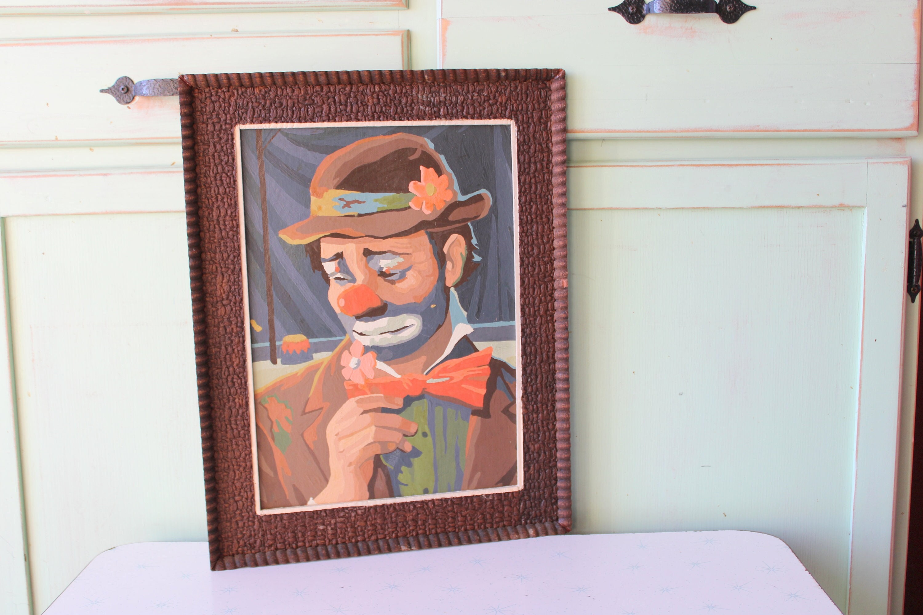 1970年代のヴィンテージ ピエロの絵画：ミッドセンチュリー キッチュな