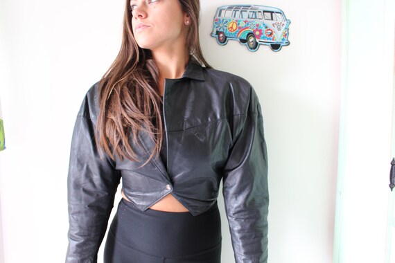 1980s BLACK LEATHER Made in USA Jacket...size med… - image 4