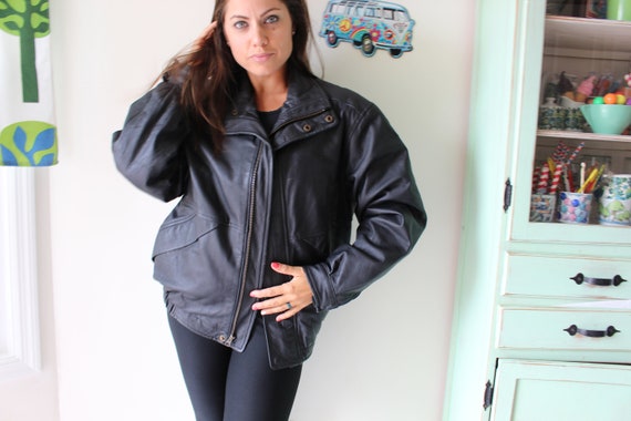 1980s BLACK LEATHER Jacket...size medium. retro. … - image 3