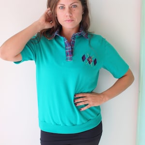 1970s PLAID Top...size medium to large womens...kitsch. top. 70s clothing. kelly green. hipster. costume. hippie. boho. sports. green blouse