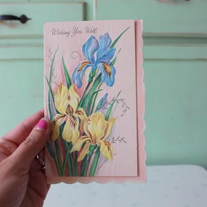Carte de voeux florale antique vintage des années 60 et 70 du milieu du siècle... nouveau vieux stock. objet de collection. cadeau. rétro. rétablissez-vous bientôt. jardin. je vous souhaite bonne chance