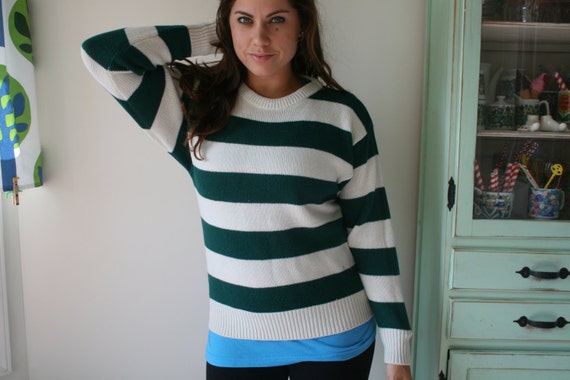 1980s Striped Acrylic Sweater: Retro Green & White - image 3