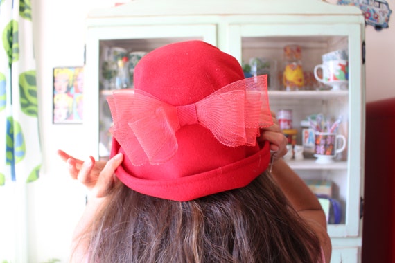 1980s Cherry Red Bow Hat...vintage hat. church. g… - image 2