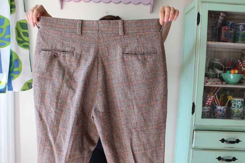 fun colorful urban 1970s bright 1970s PLAID DISCO Brown Orange Dapper Rad Pants....grandpa rad pleated pants hippie 70s show retro