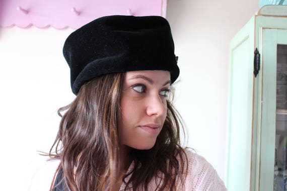 Vintage BLACK Pillbox Top Hat...womens. winter. c… - image 3