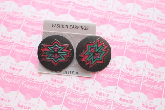 1980s Made in USA Black Pink Stud Earrings.....co… - image 1