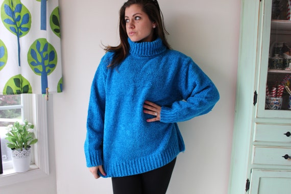 1980s 90s Turtle Neck Royal Blue Sweater...size l… - image 2