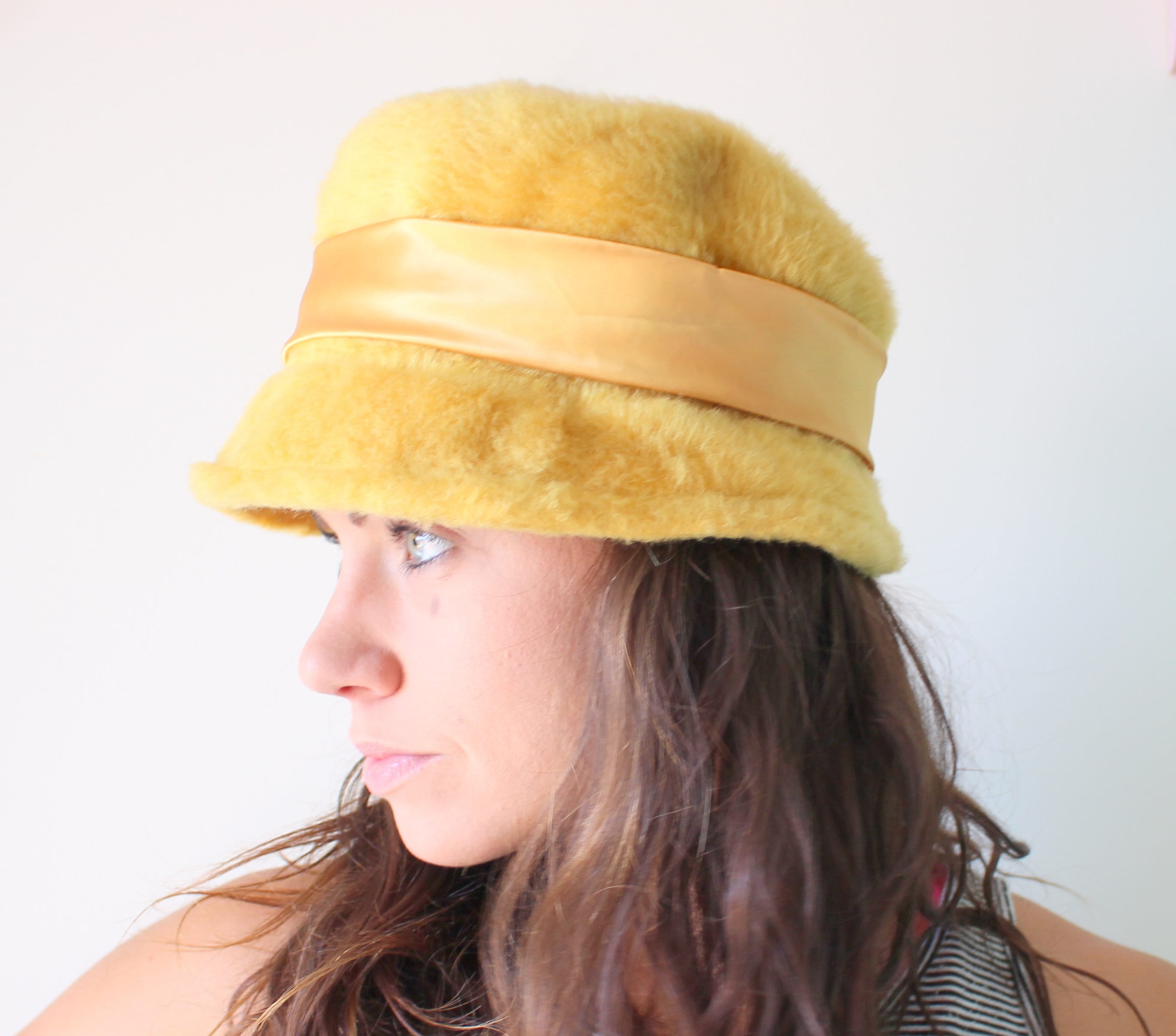 Brunschwig  midcentury vintage mustard yellow furry hat Yellow Fluffy Fur Trapper Hat, Women main image 2