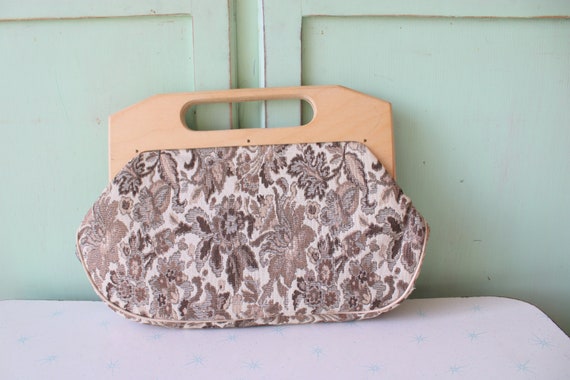 1960s VINTAGE CLUTCH Wooden Fabric Handbag......w… - image 1