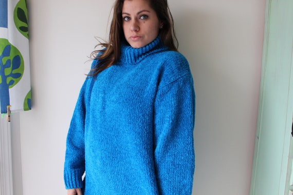 1980s 90s Turtle Neck Royal Blue Sweater...size l… - image 3