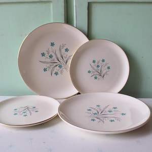 Vintage Atomic Ceramic Plates: Blue Floral Mid Century Set of 4