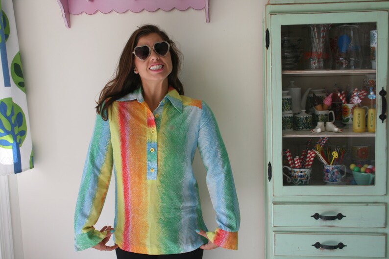 summer hipster 1970s RAINBOW Swirl Retro Collared Shirt...kitsch rainbow colorful urban hippie 70s clothing twiggy 1970s boho top