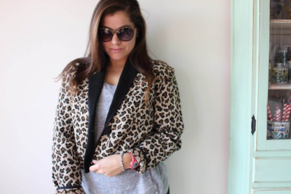 Vintage 90s Leopard Print Cotton Crop Jacket - Si… - image 2