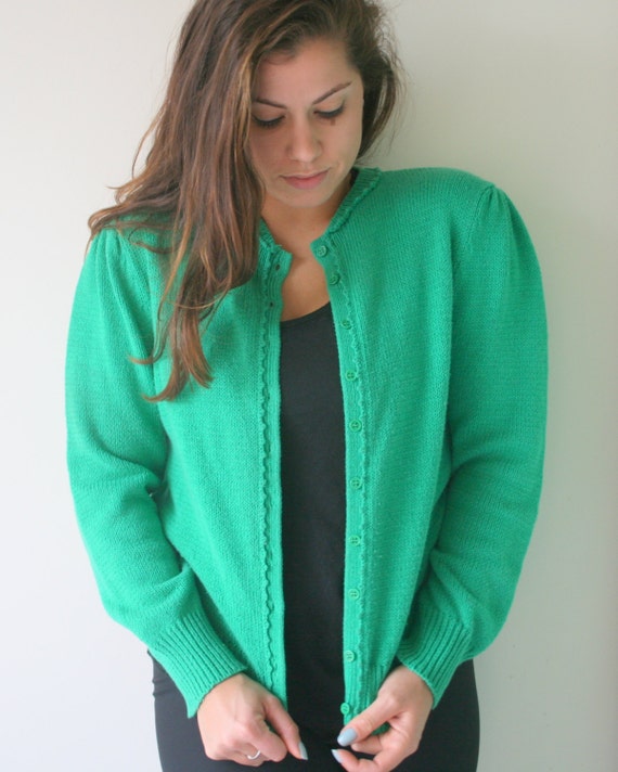 Vintage KELLY GREEN Mid Century Cardigan Sweater.… - image 1