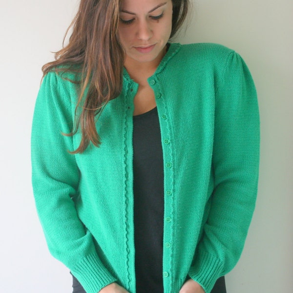 Vintage KELLY GREEN Mid Century Cardigan Sweater....size small. designer. knit. retro. mod. green sweater. cute buttons. nautical. preppy