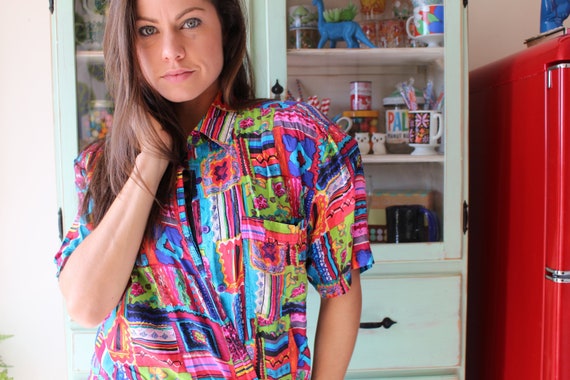 Vintage 80s Silk Blouse: Rainbow Abstract Print, … - image 2