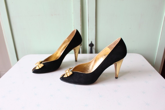 Vintage Black Golden PARTY Leather GLAM Heels...s… - image 2