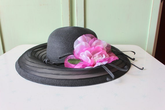 Vintage Mid Century Hat....black straw hat. churc… - image 1