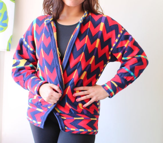 1980s RAINBOW Geometric Cardigan Sweater...small.… - image 1