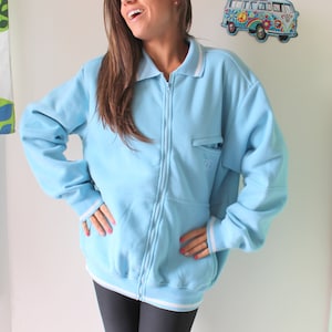 1980s Blue Zip Up Jacket: Retro College Style