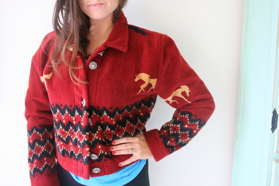 Vintage HORSE Print Boho Slouchy Crop Sweater....s