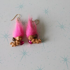 RARE Vintage TROLLS Doll Earrings..collectible. pink. troll. 1980s. 1990s. kitsch. retro. hippie troll. valentines day. cupid troll earrings image 2