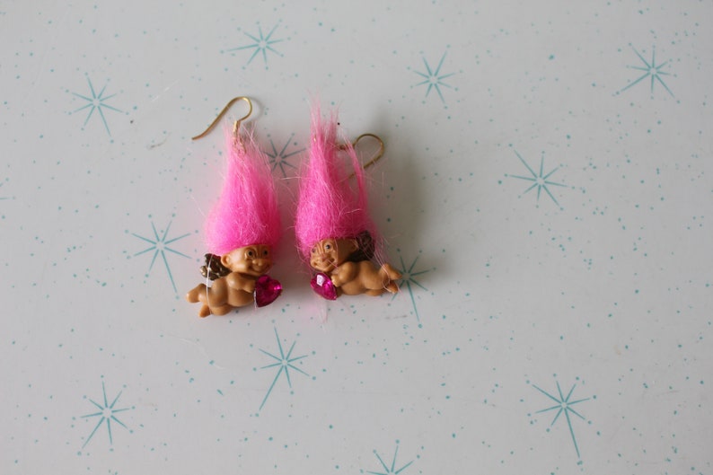 RARE Vintage TROLLS Doll Earrings..collectible. pink. troll. 1980s. 1990s. kitsch. retro. hippie troll. valentines day. cupid troll earrings image 2