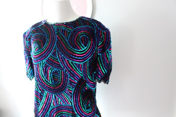 1980s Vintage SEQUINED Jazz Top...fancy. blue. bl… - image 5