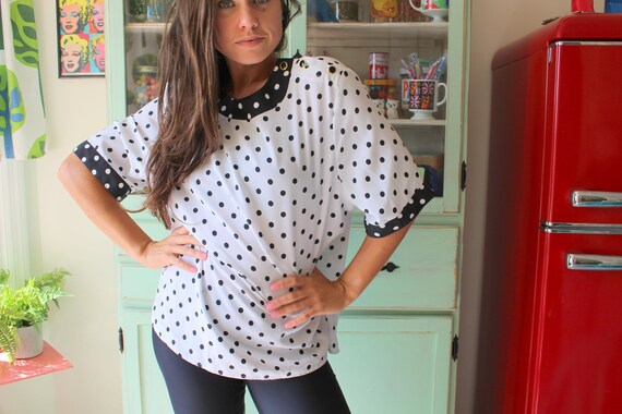 Vintage POLKA DOTS Blouse...womens. black and whi… - image 5