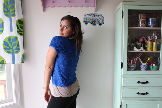 Vintage Blue Knit Crop Sweater - 1980s Boho Style - image 3